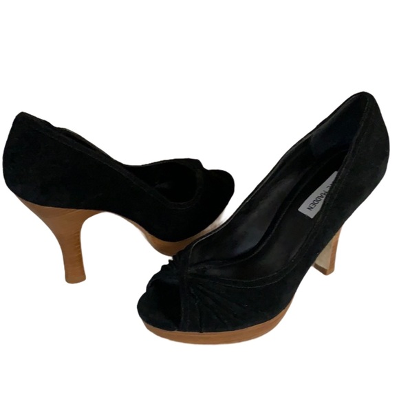Steve Madden Pawla Black Suede Peep Toe  Heels Sz 10 - Picture 2 of 5